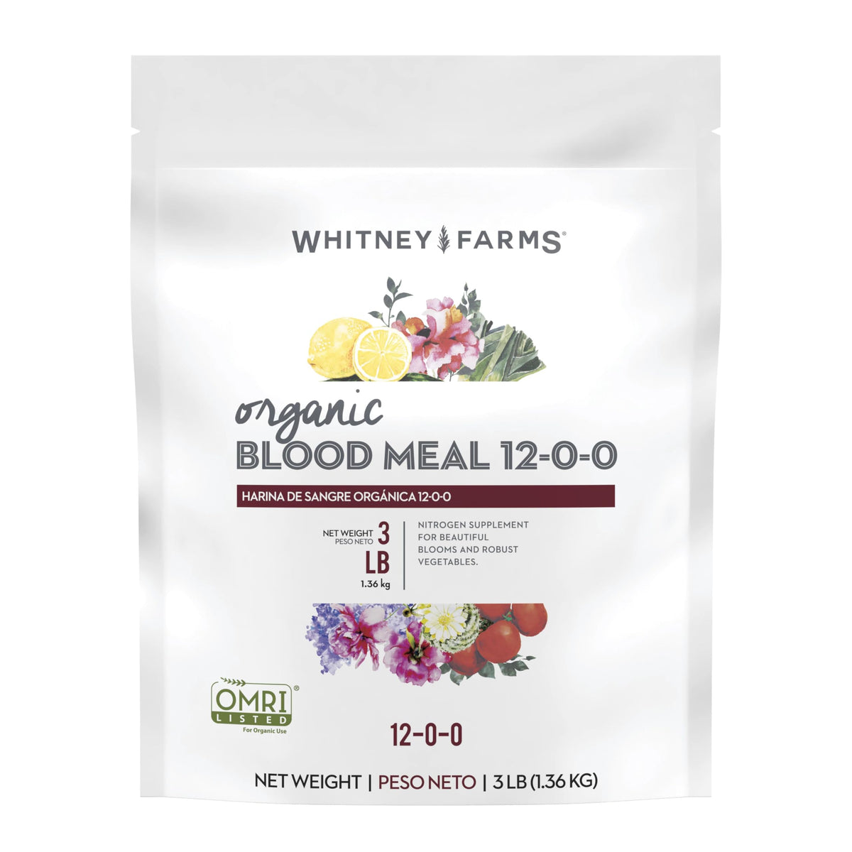 Whitney Farms Organic Blood Meal packaging ready for soil application to boost nitrogen