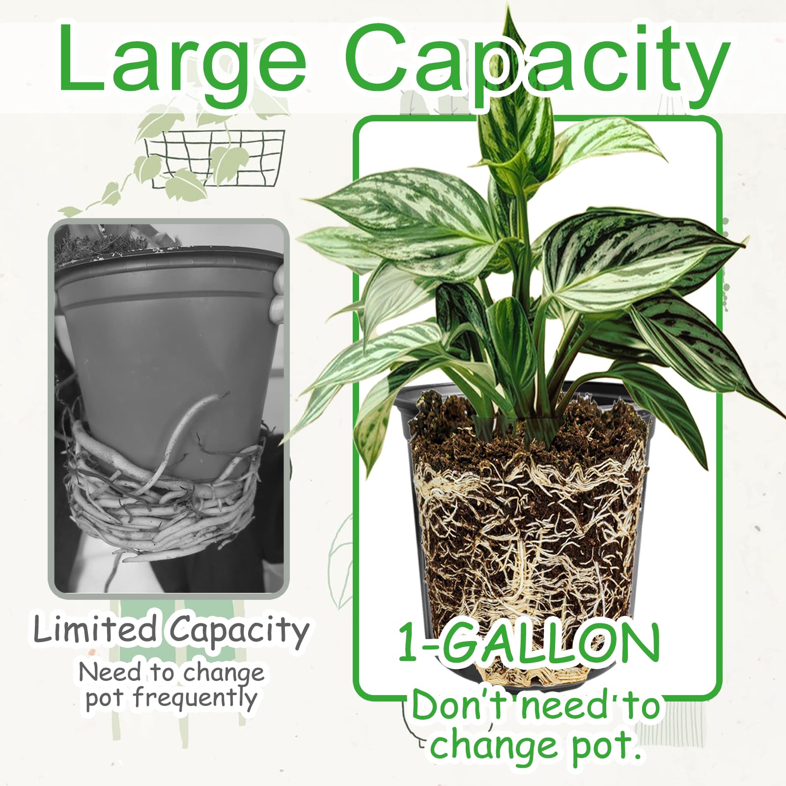 Whkvnng 60-pack black plastic pot closeup highlights lightweight, flexible design for easy handling.