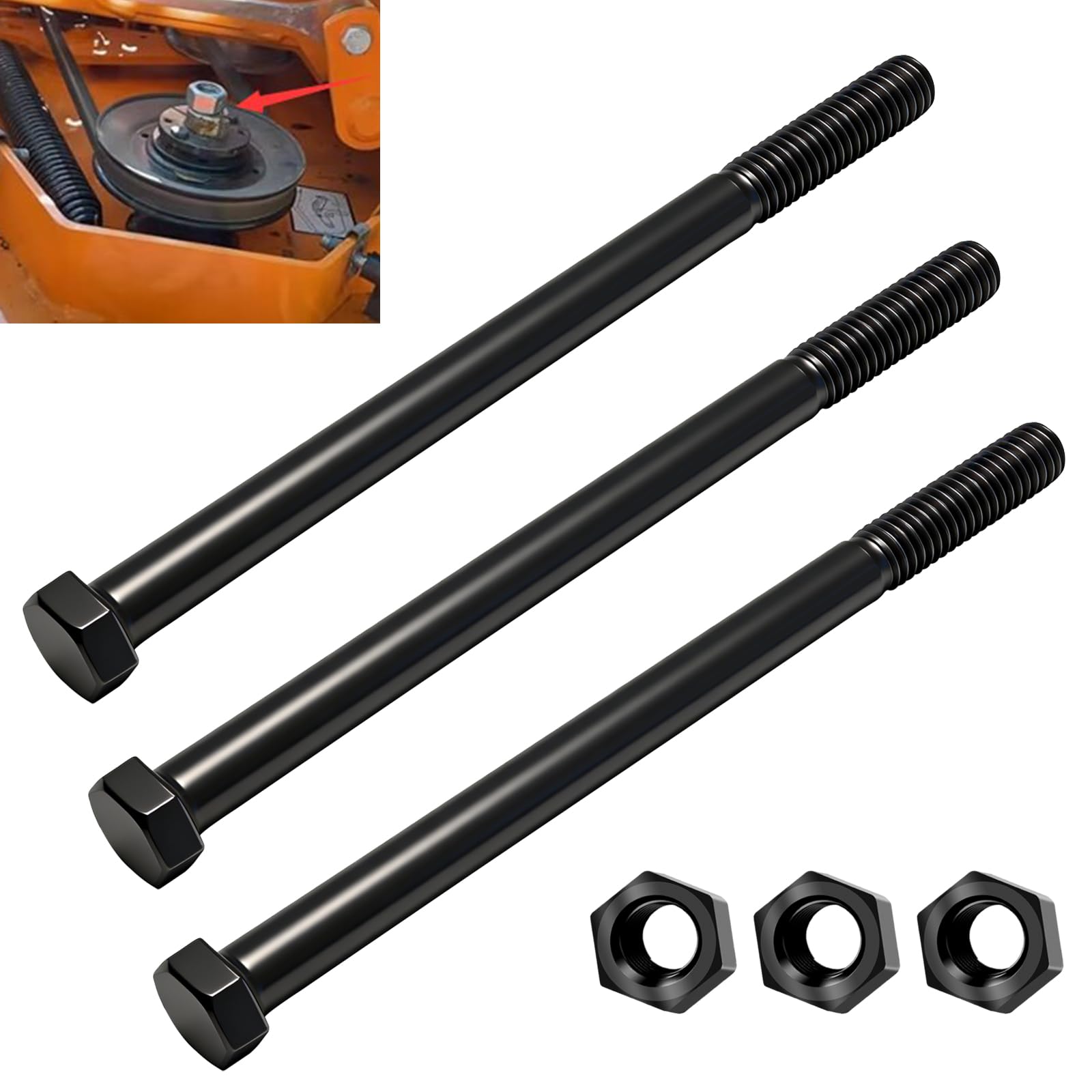 WHMYZHL 3-pack spindle bolt and hex nut for Scag mowers, ready for installation.