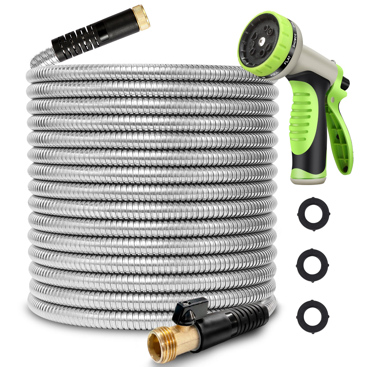 WHOBUY 100ft metal garden hose coiled for easy storage and quick deployment.
