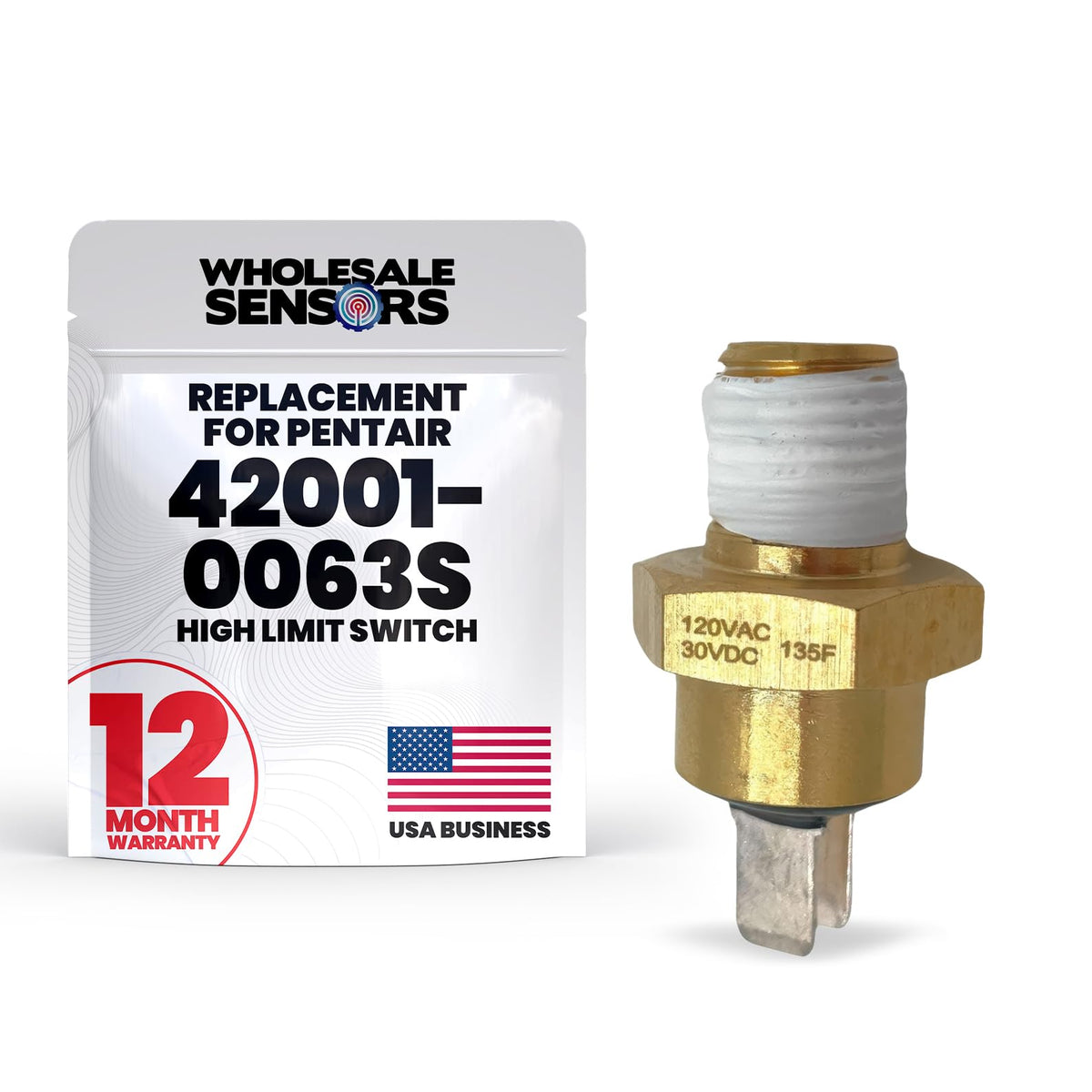 Wholesale Sensors Pentair 42001-0063S high-limit switch front view demonstrates compact, reliable design for quick field replacement.