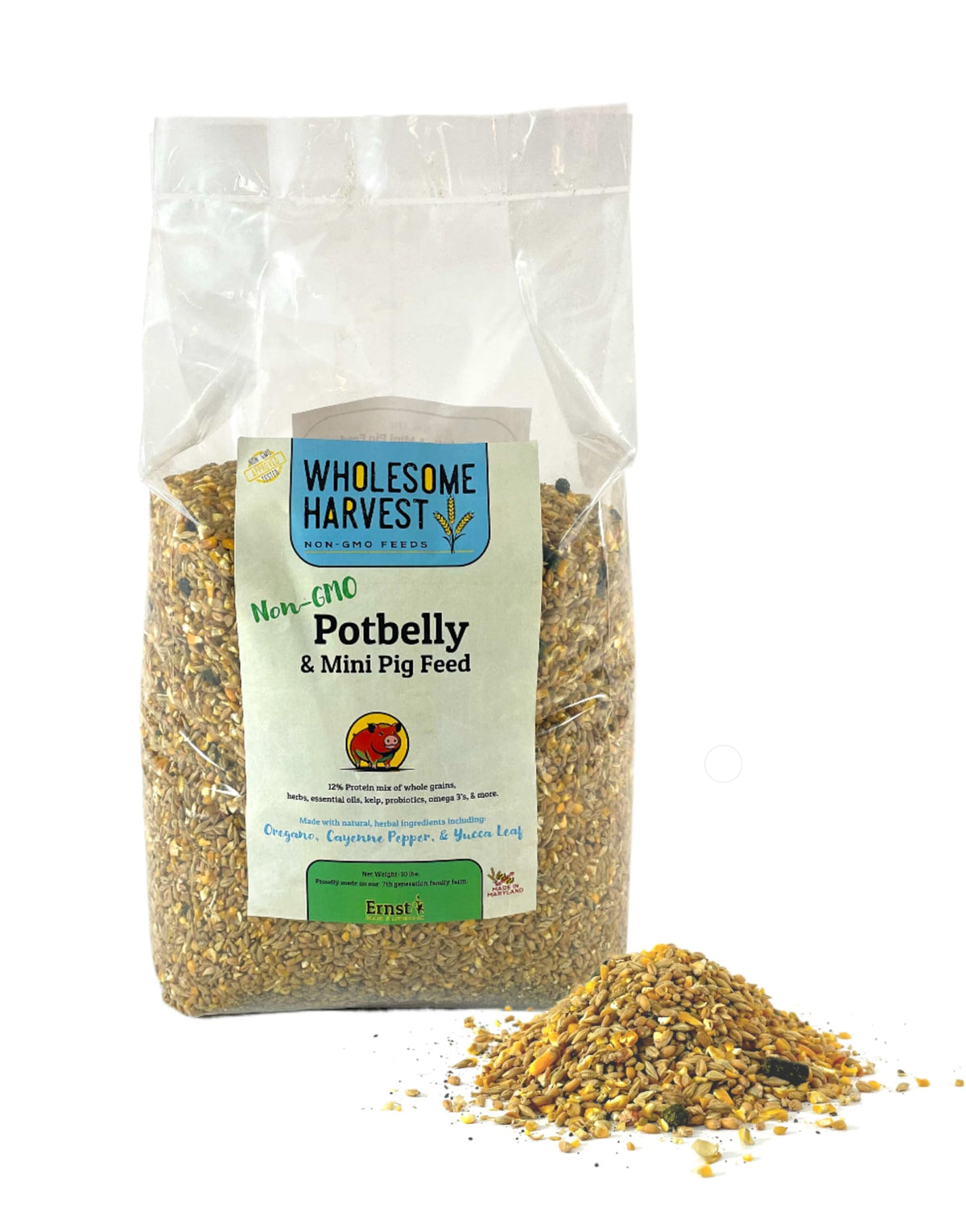 Wholesome Harvest All-Grain Non-GMO Potbelly Feed bag closeup highlighting premium grains.