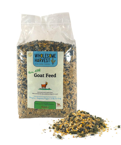 Wholesome Harvest goat feed bag close-up, premium non-GMO formula for growth.