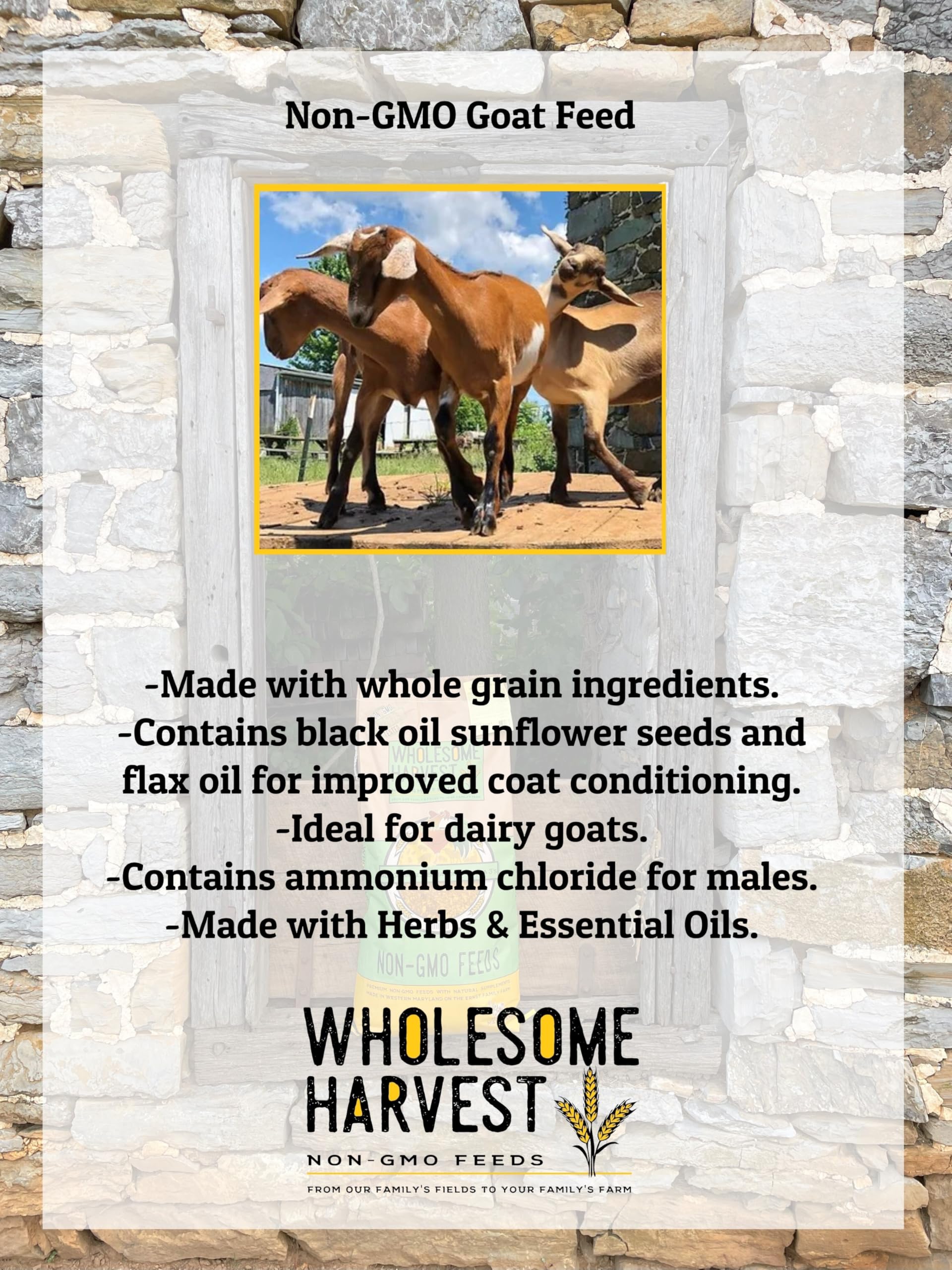 Wholesome Harvest probiotics fortification supports healthy digestion in goats.