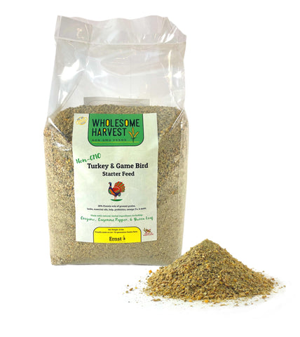 Wholesome Harvest starter feed bag front promotes early growth in game birds.