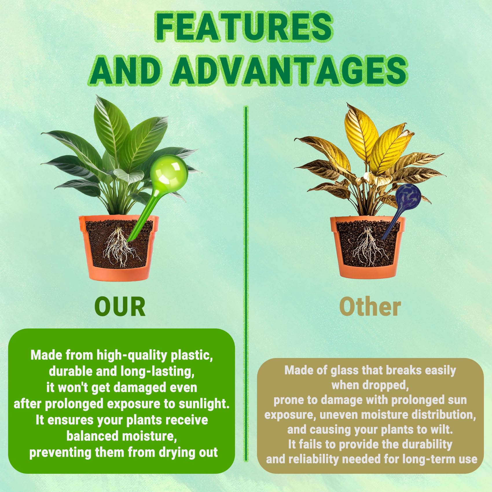 WHTCHSU compact watering bulbs blend with plant decor while feeding roots.