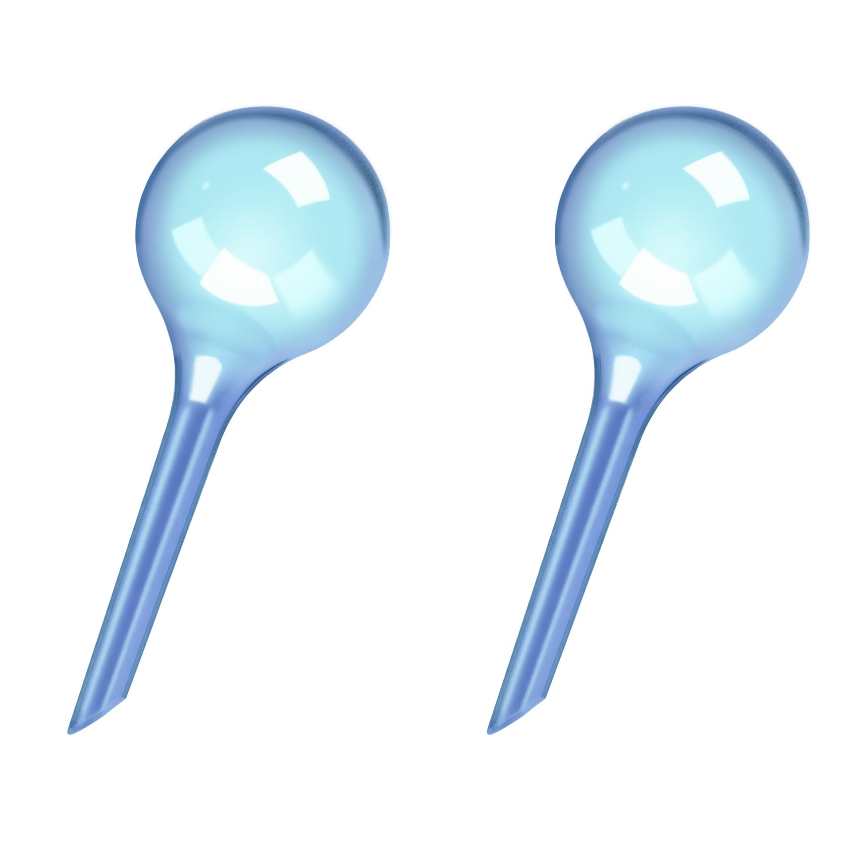 WHTCHSU small blue watering globe with clear body provides steady moisture for small plants.