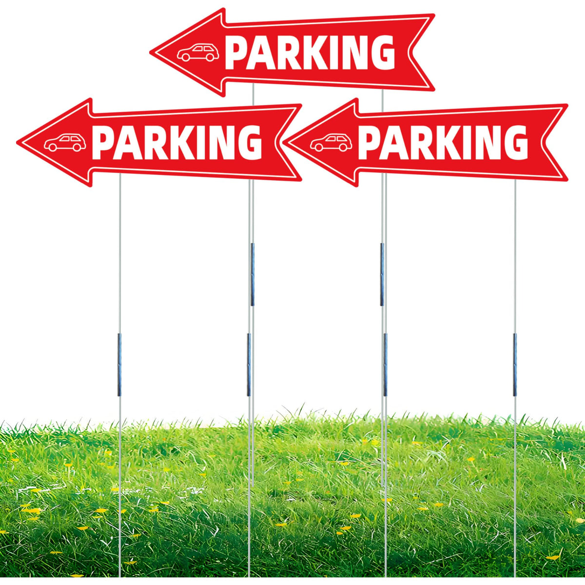 WHWHW parking sign with left arrow enhances venue traffic flow outdoors.