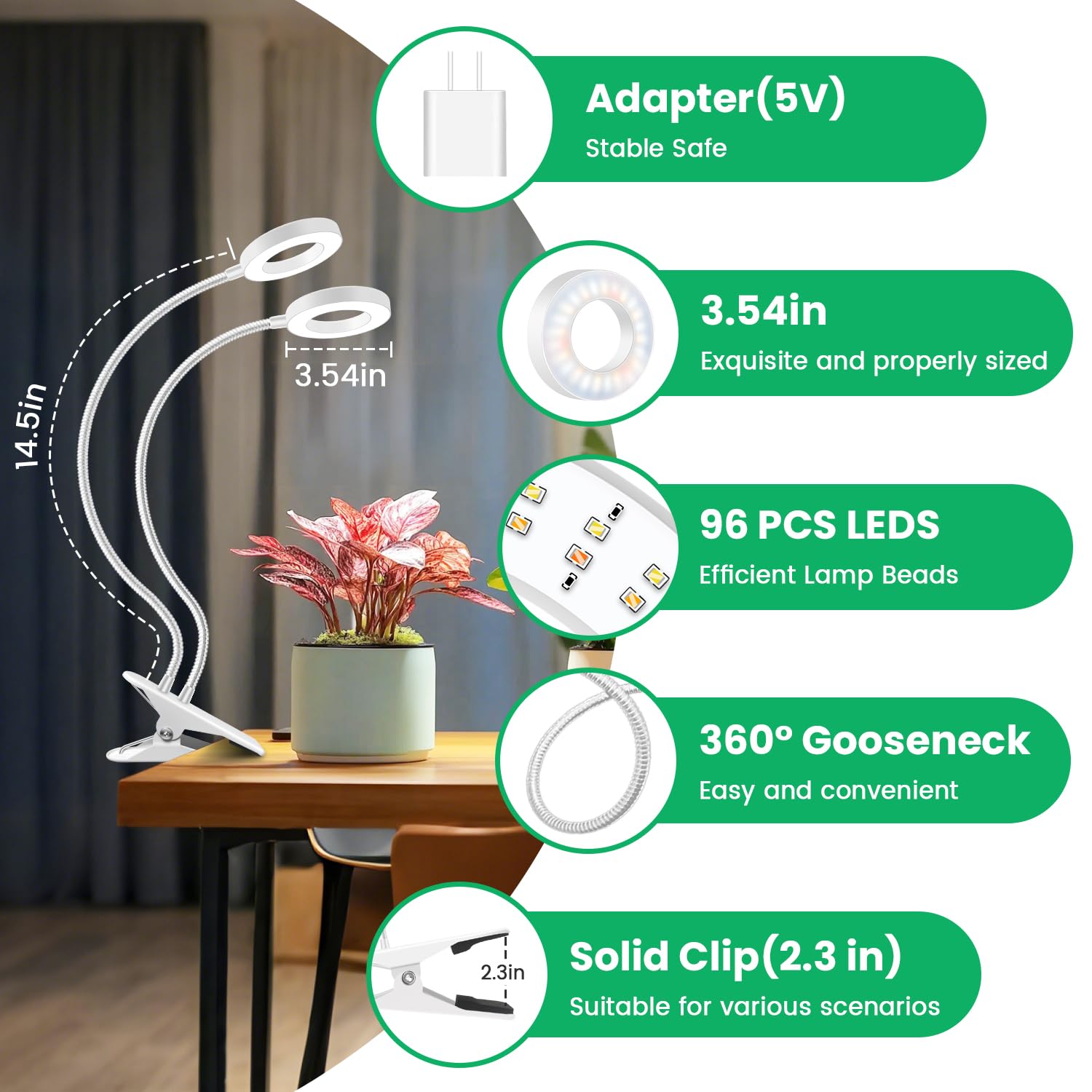 Wiaxulay Grow Light Clip with 360° gooseneck enables precise plant lighting.