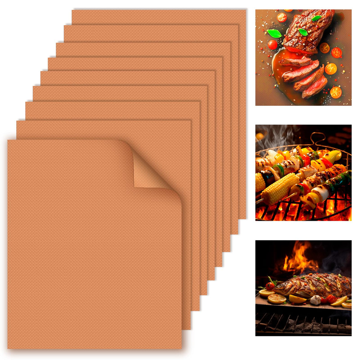 WIBIMEN copper grill mats nine-pack, front view, non-stick protection for grills