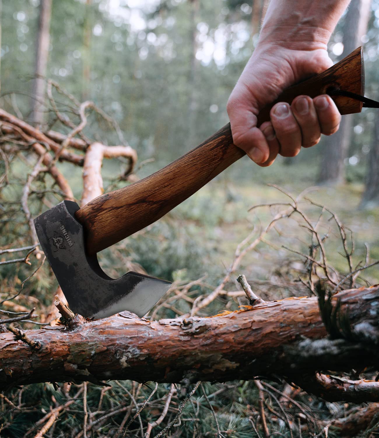 WICING camping axe ready for backpack carrying and quick setup.