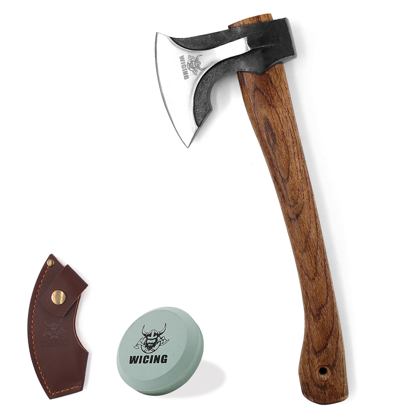 WICING camping hatchet with dual wedge head for efficient wood splitting.