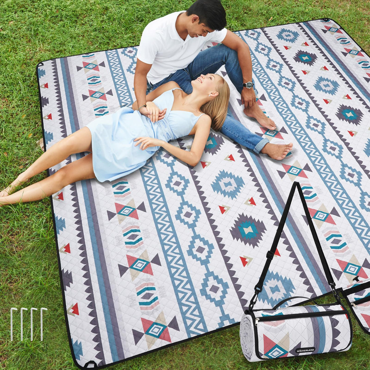 Wickerland extra-large navy picnic blanket top view for grass and beach comfort