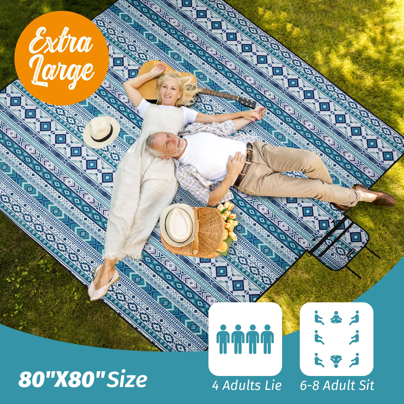 WICKERLAND blanket laid out on grass during a family picnic.