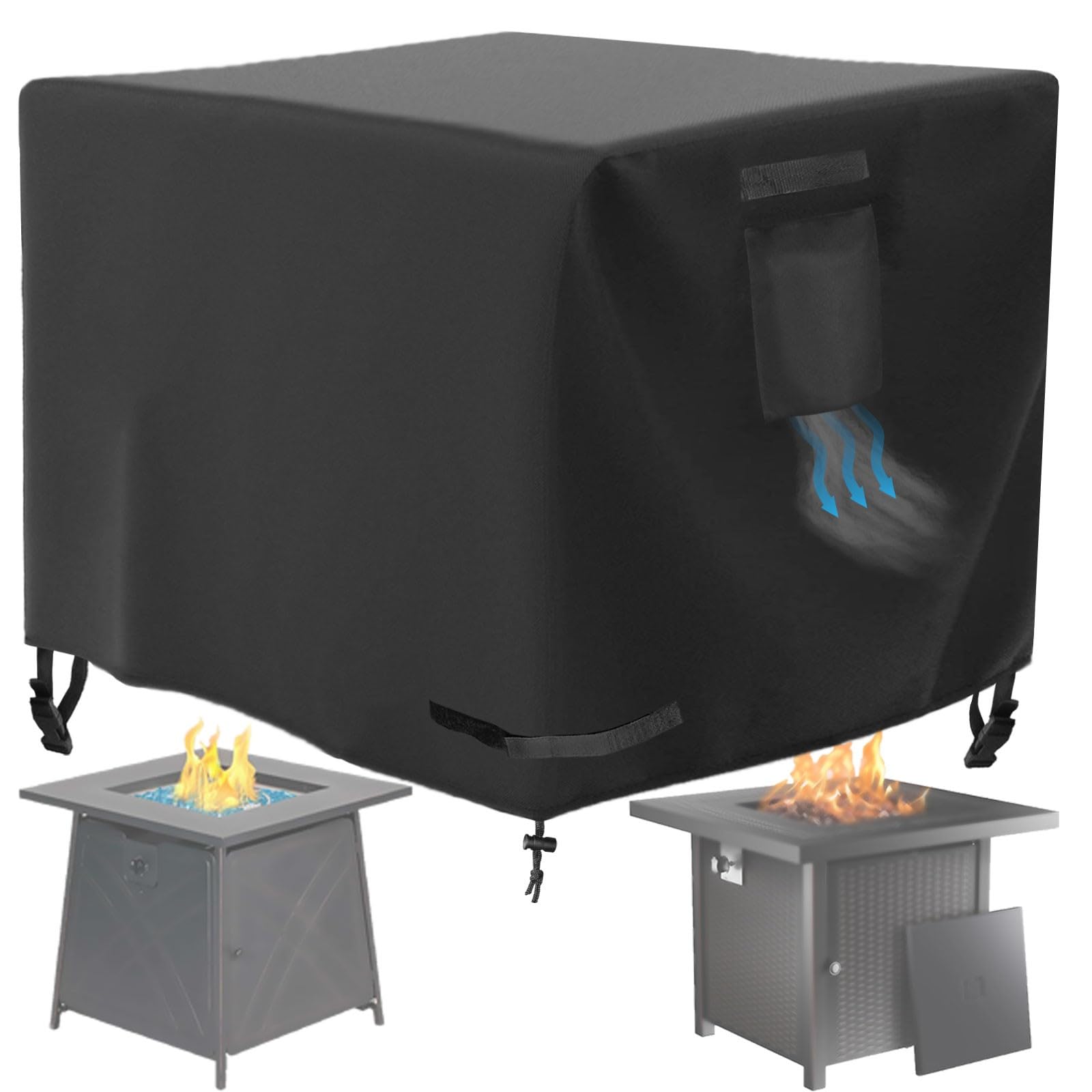WICKTICK square fire pit cover protects a 28x28 inch table from rain