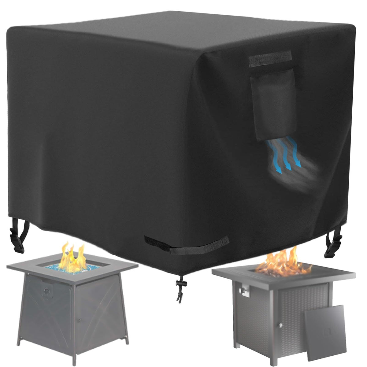 WICKTICK square fire pit cover protects a 28x28 inch table from rain