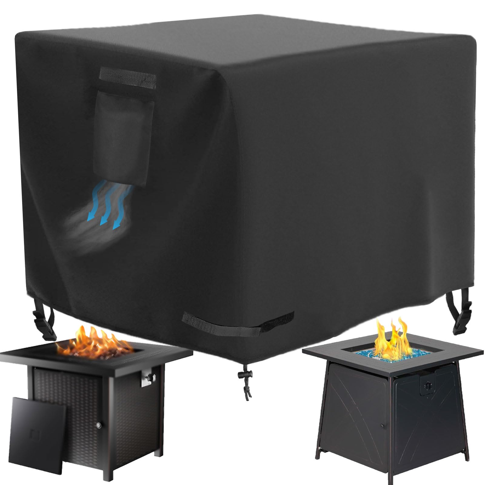 WICKTICK square fire pit cover in 30x30 shows durable 600D material for lasting outdoor protection.