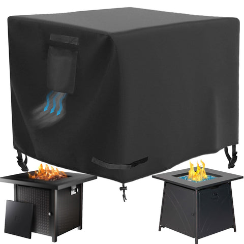 WICKTICK square fire pit cover in 30x30 shows durable 600D material for lasting outdoor protection.