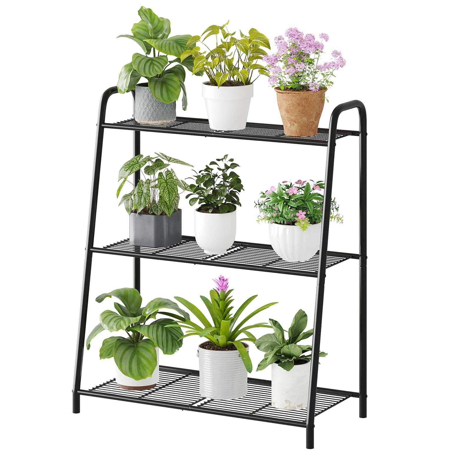 Wieghda 3-Tier Corner Plant Stand front view with thriving pots and space-saving display.