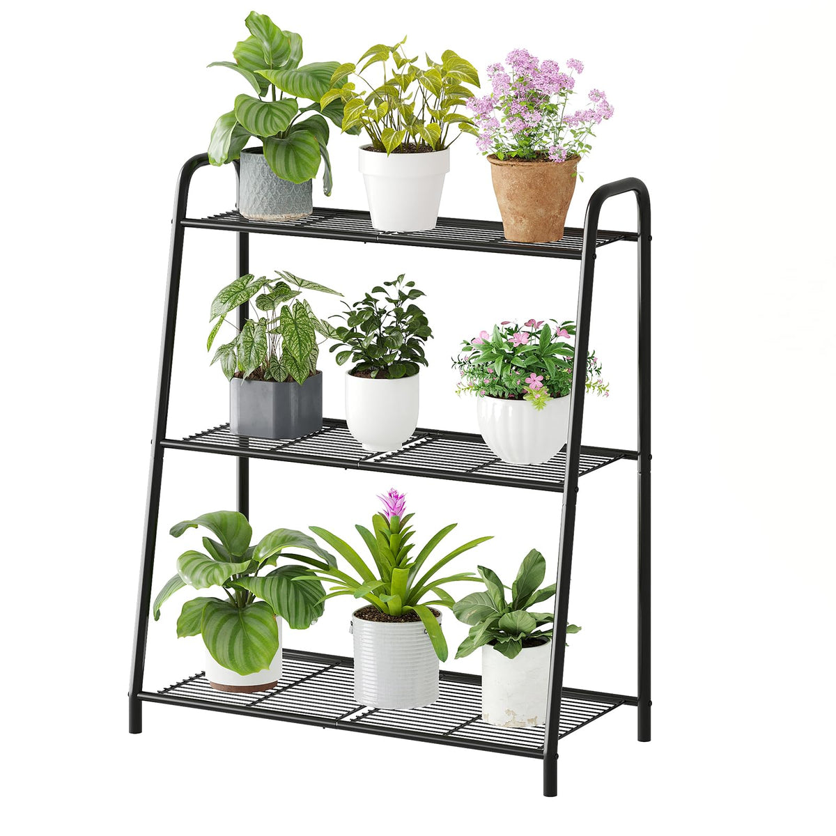 Wieghda 3-Tier Corner Plant Stand front view with thriving pots and space-saving display.