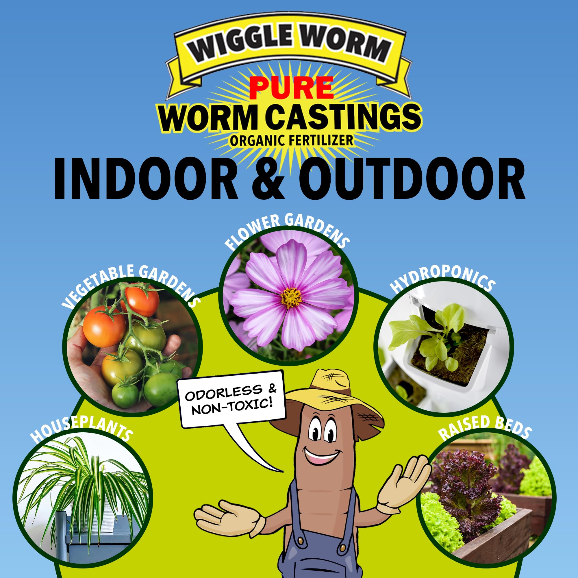 Wiggle Worm vegetable garden scene with soil enrichment for better yield.
