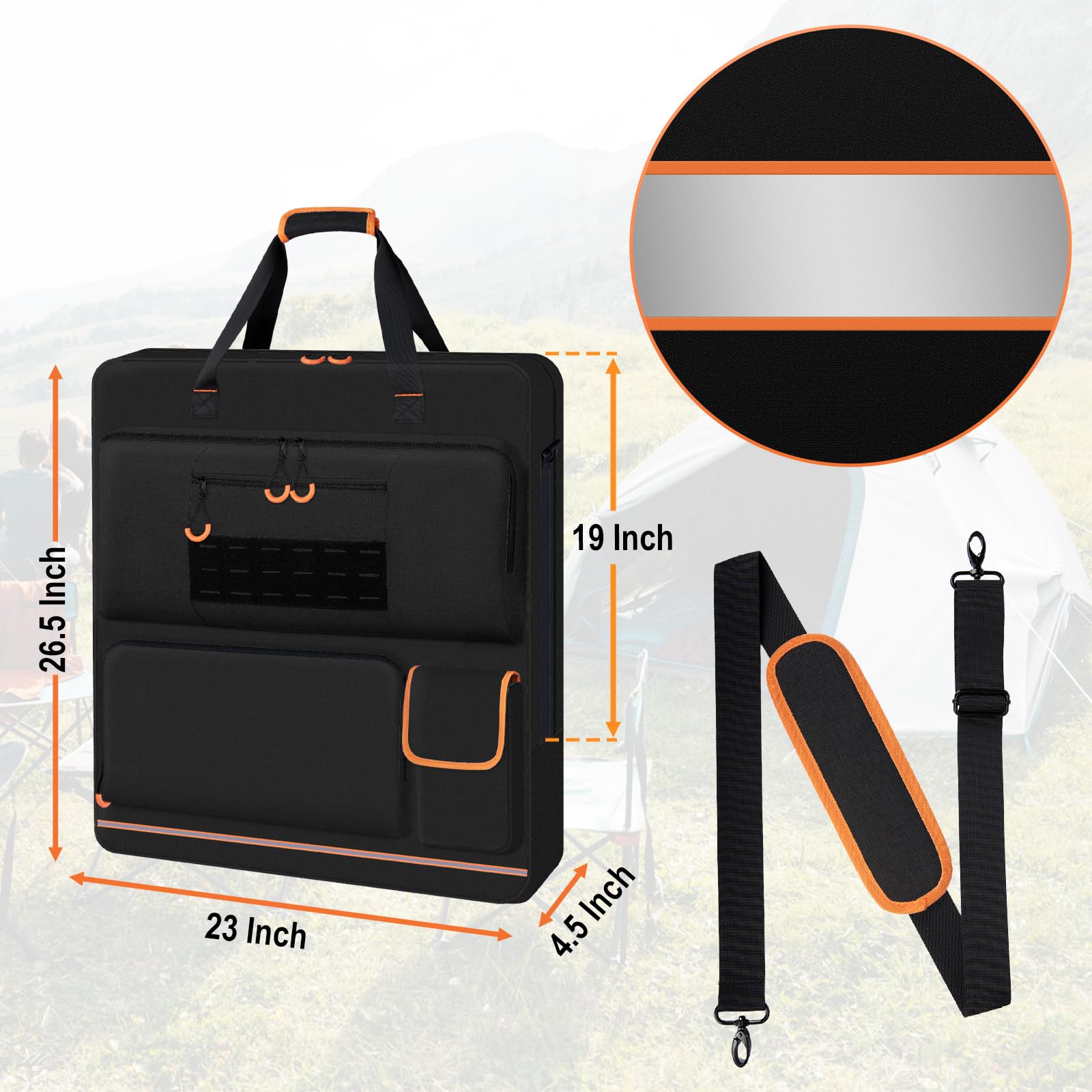 Abrasion-resistant, waterproof fabric shields gear outdoors from rain and dust.