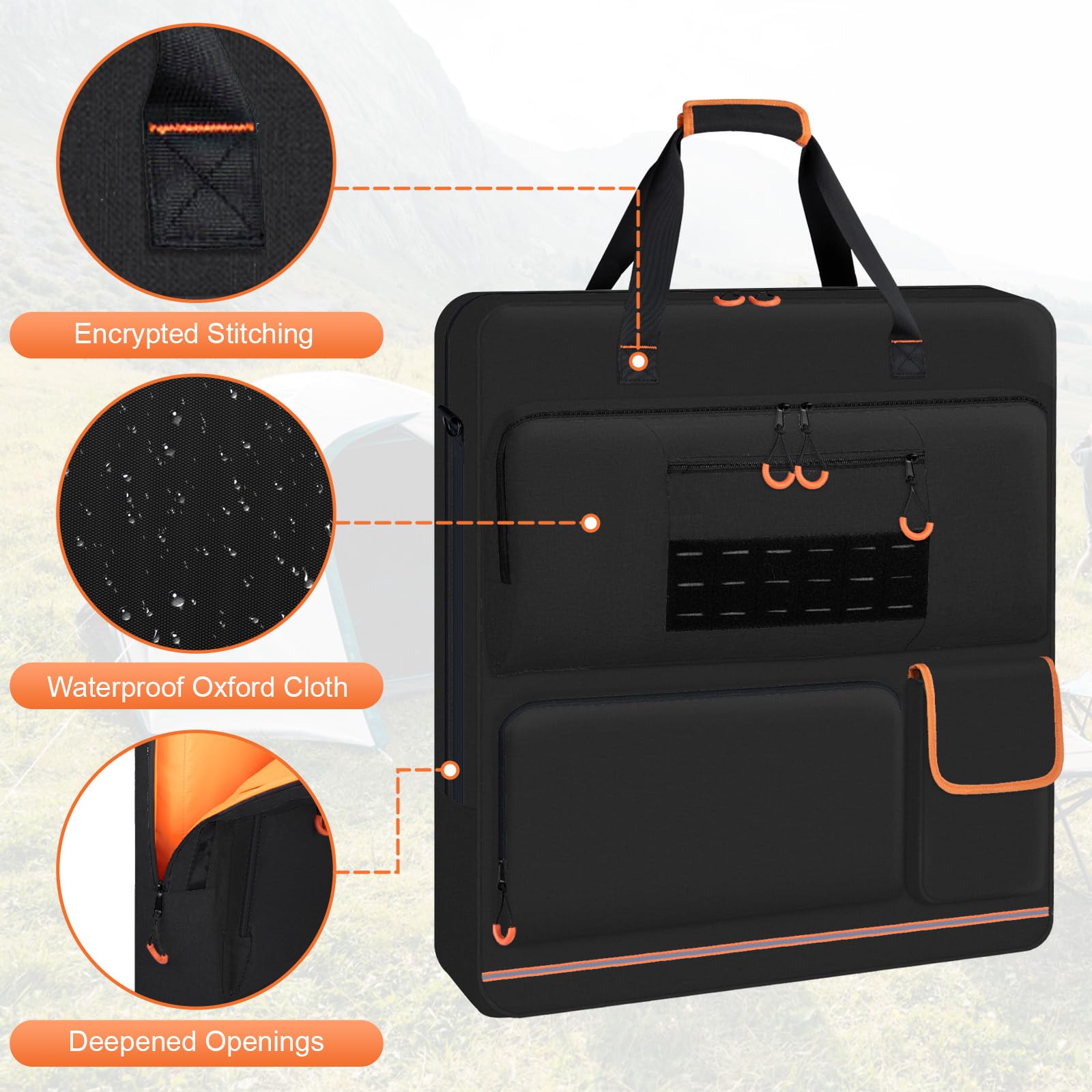 Stretch mesh pockets keep cables neatly organized on the go.