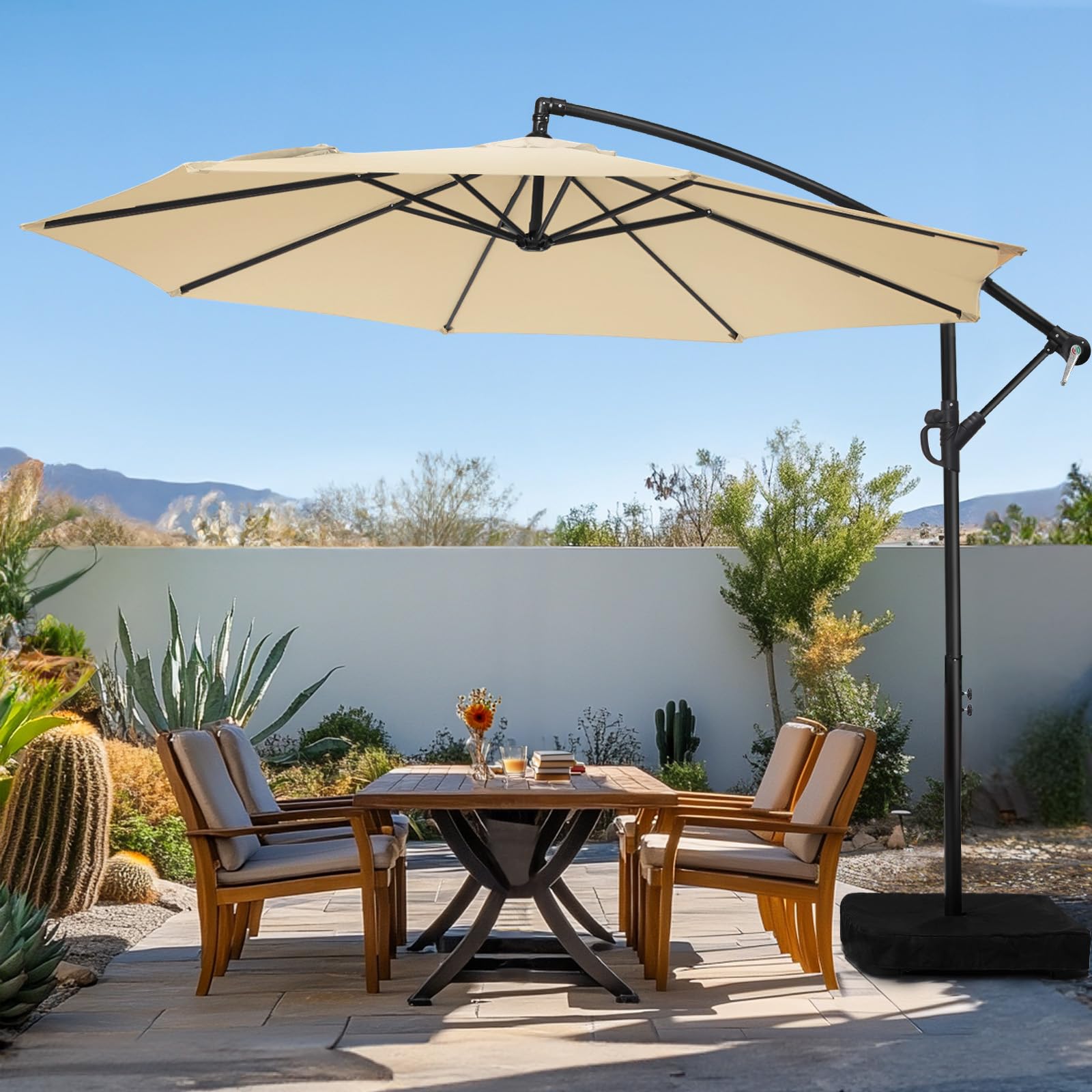 Wikiwiki 10ft patio umbrella offset with base included for stable shade by poolside or garden.