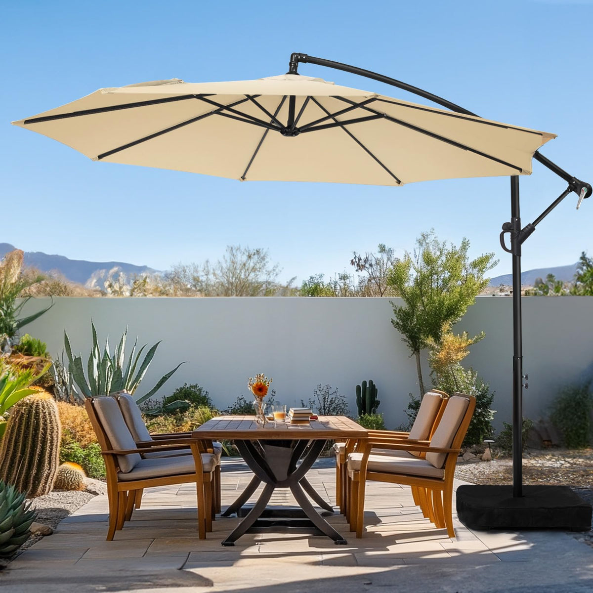 Wikiwiki 10ft patio umbrella offset with base included for stable shade by poolside or garden.