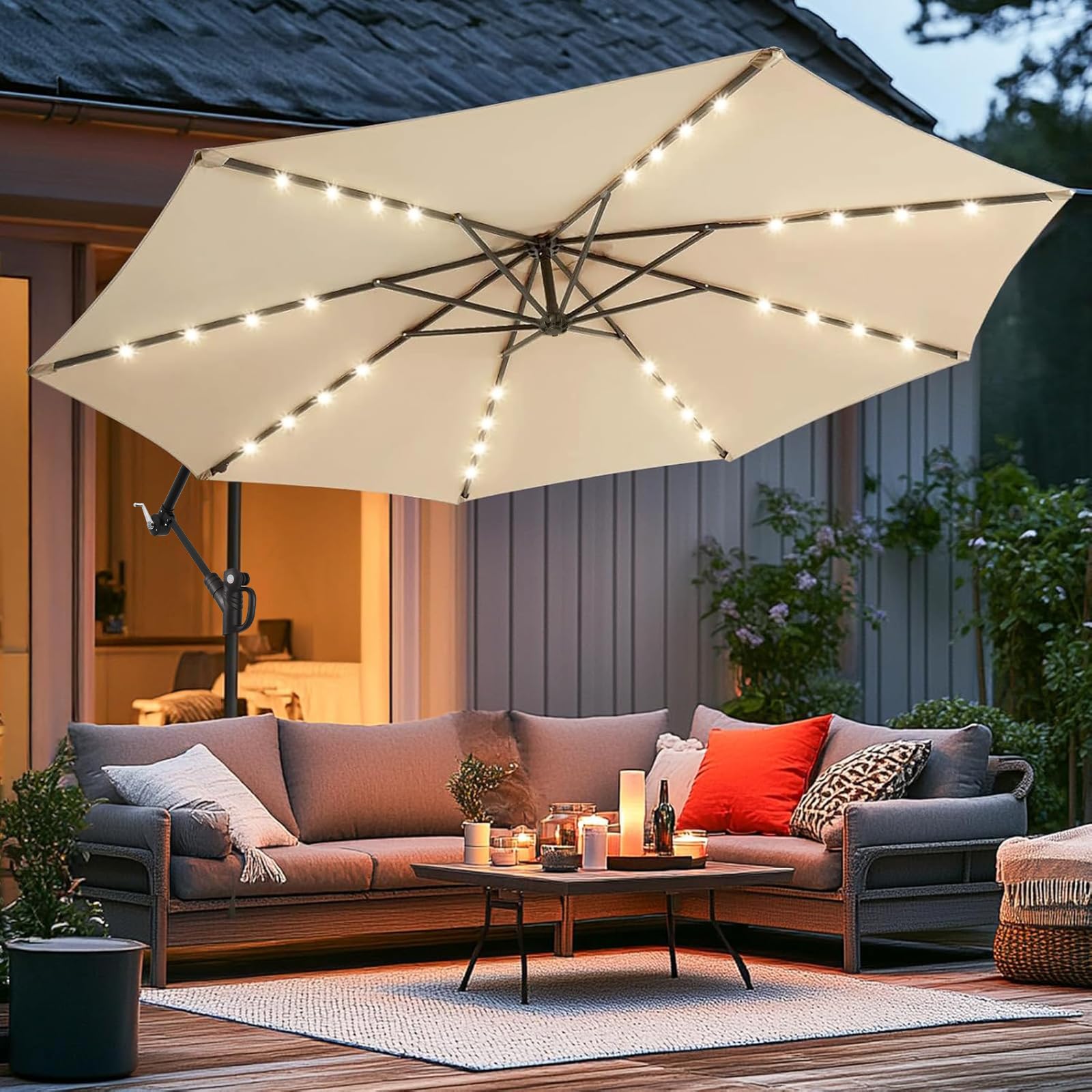 wikiwiki 10ft solar LED offset umbrella top view provides broad shade for patios