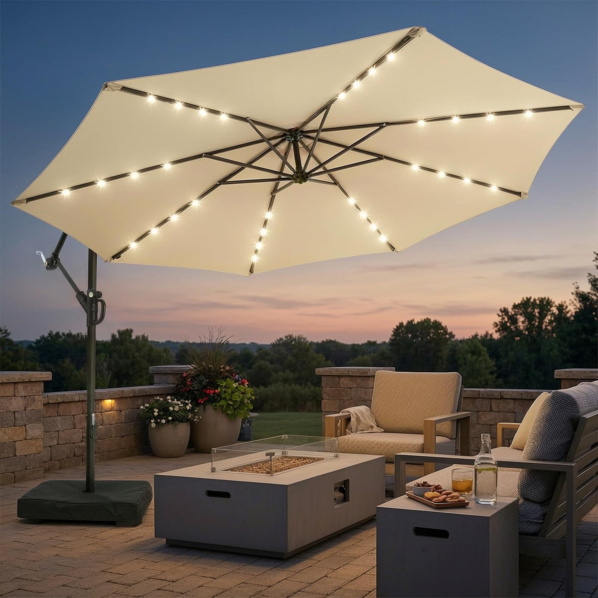 Wikiwiki 10ft solar LED umbrella with base included for shaded outdoor dining