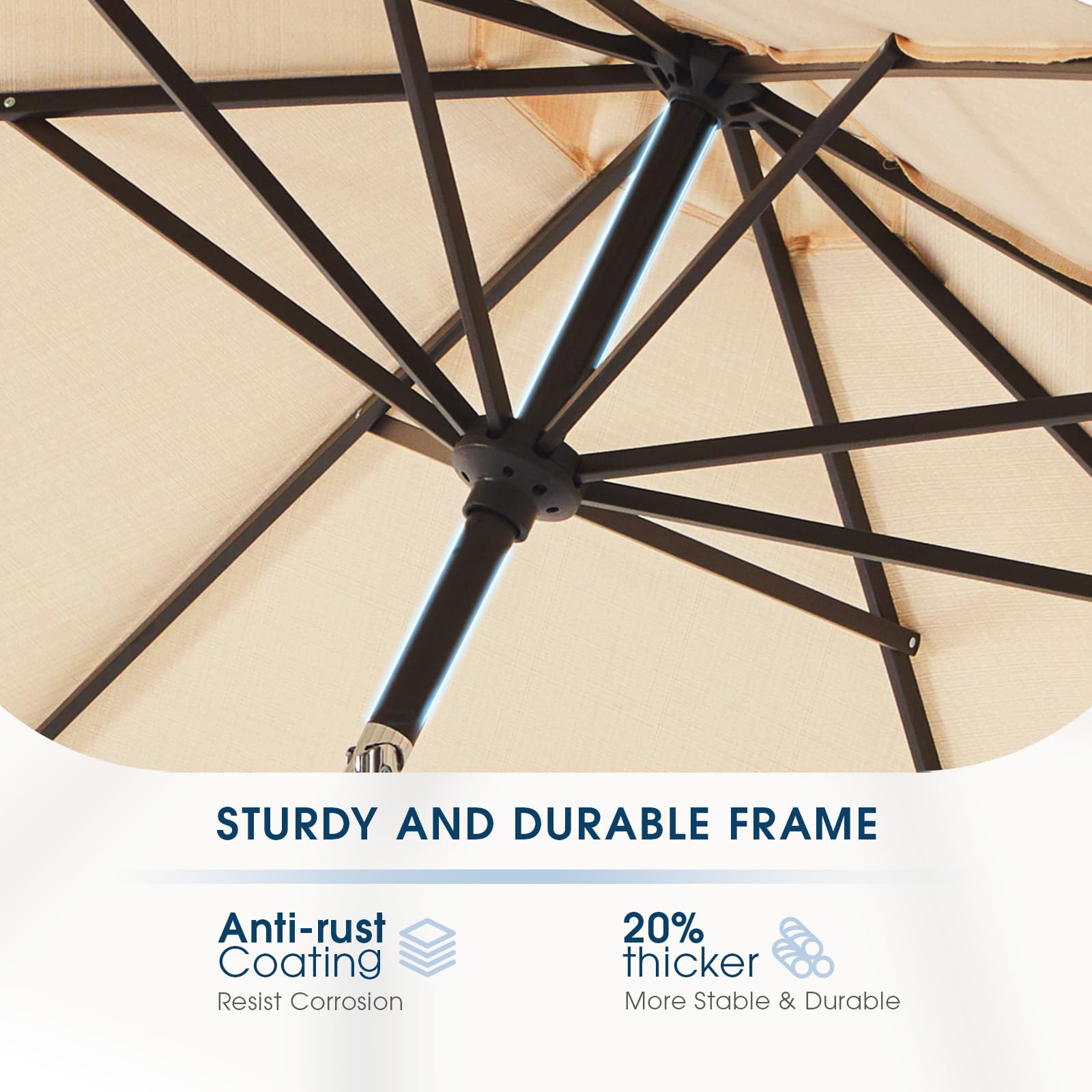 Wikiwiki 9 ft umbrella 8-ribs sturdy frame adds stability.