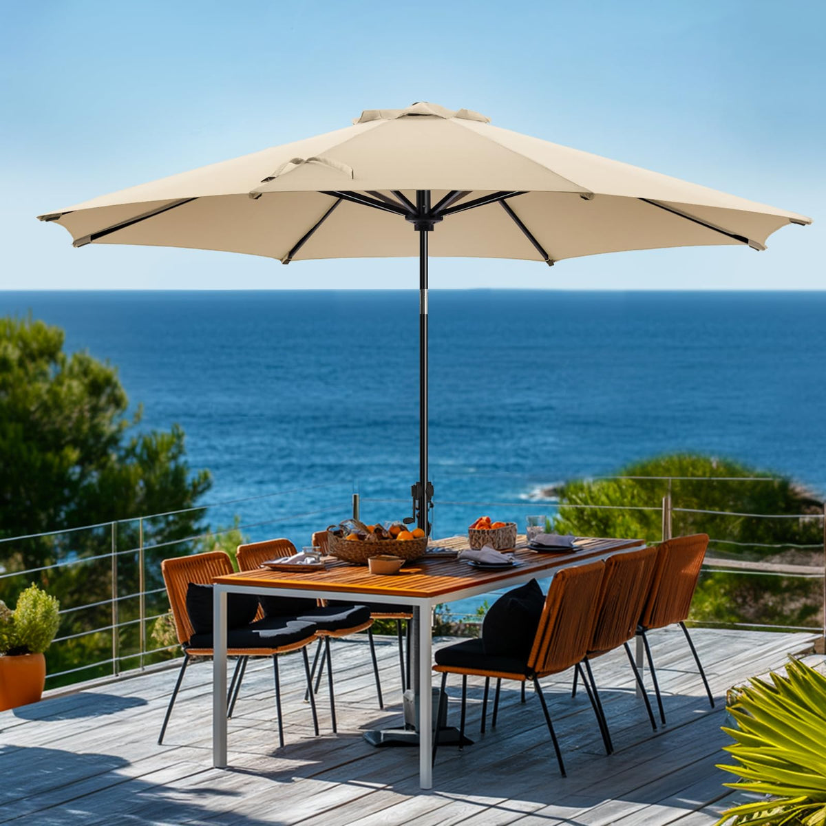 Wikiwiki 9 ft patio umbrella canopy provides wide shade for 4–6 people.