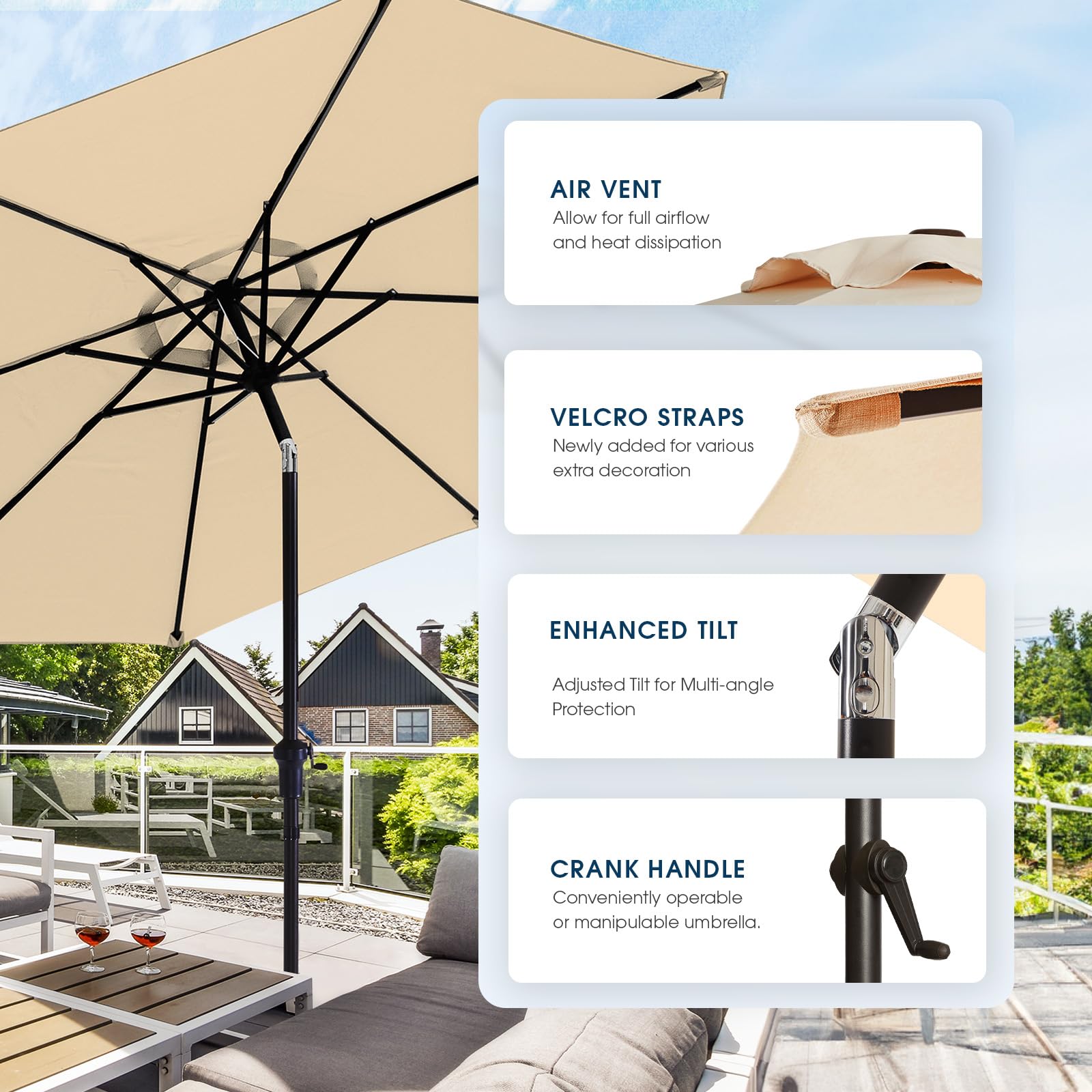 Wikiwiki 9 ft umbrella push-button tilt offers versatile shade angles.