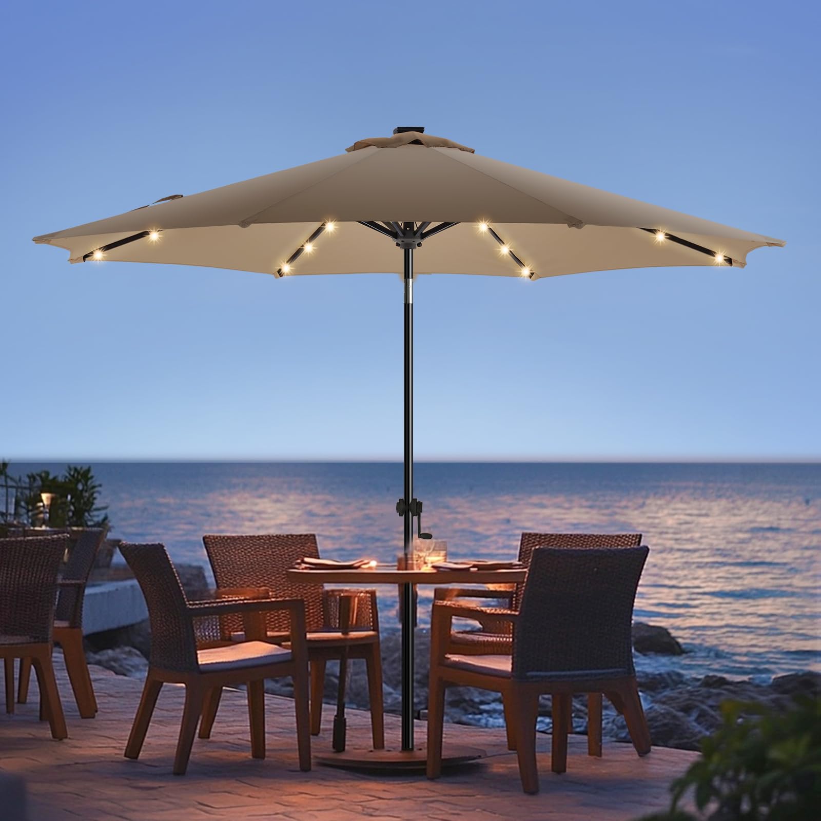 Wikiwiki 9ft umbrella canopy close-up shows fade resistant tan fabric for outdoor use