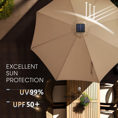Wikiwiki LED lights on the umbrella create a warm night ambience