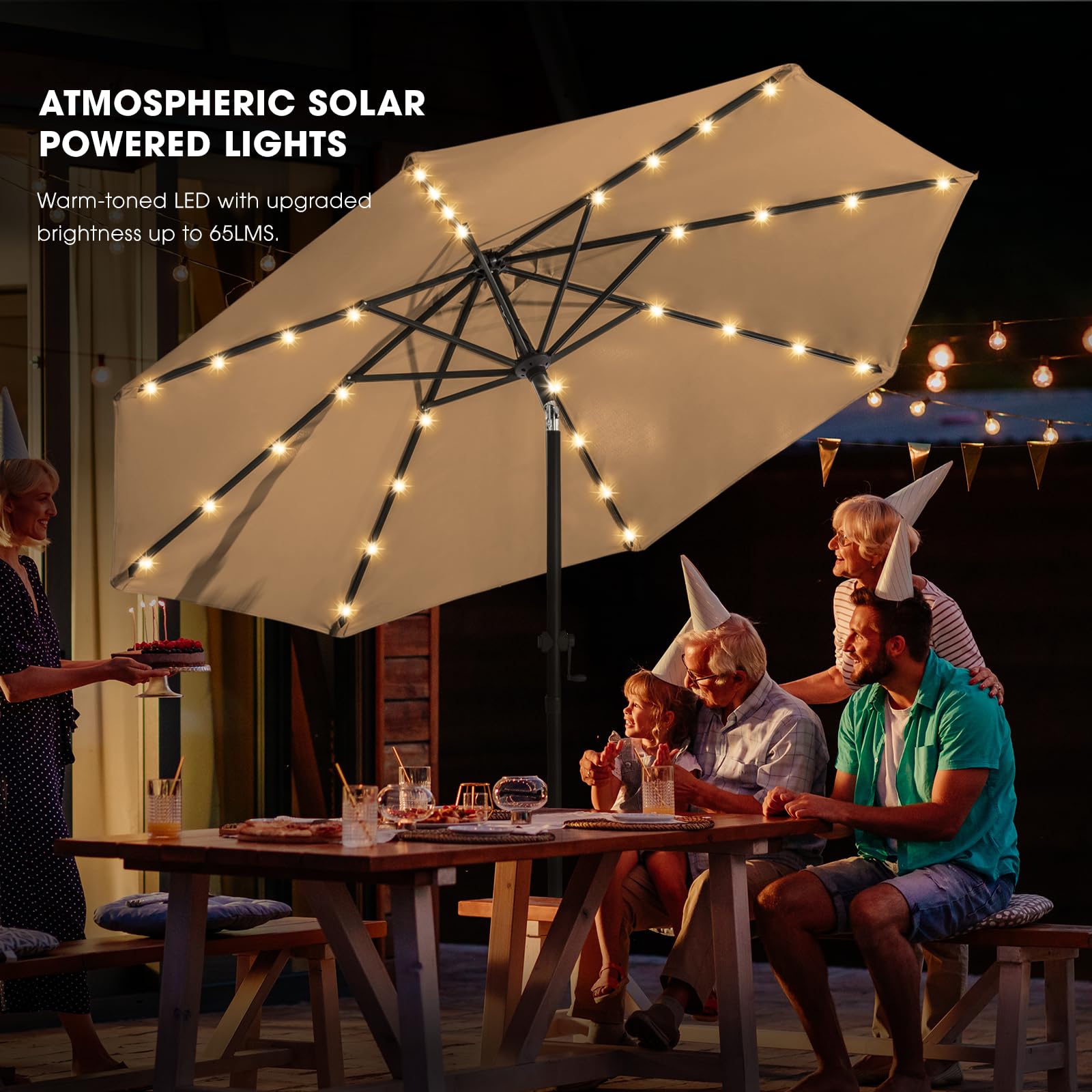 Wikiwiki tan fabric canopy outdoors over seating area for shade and comfort
