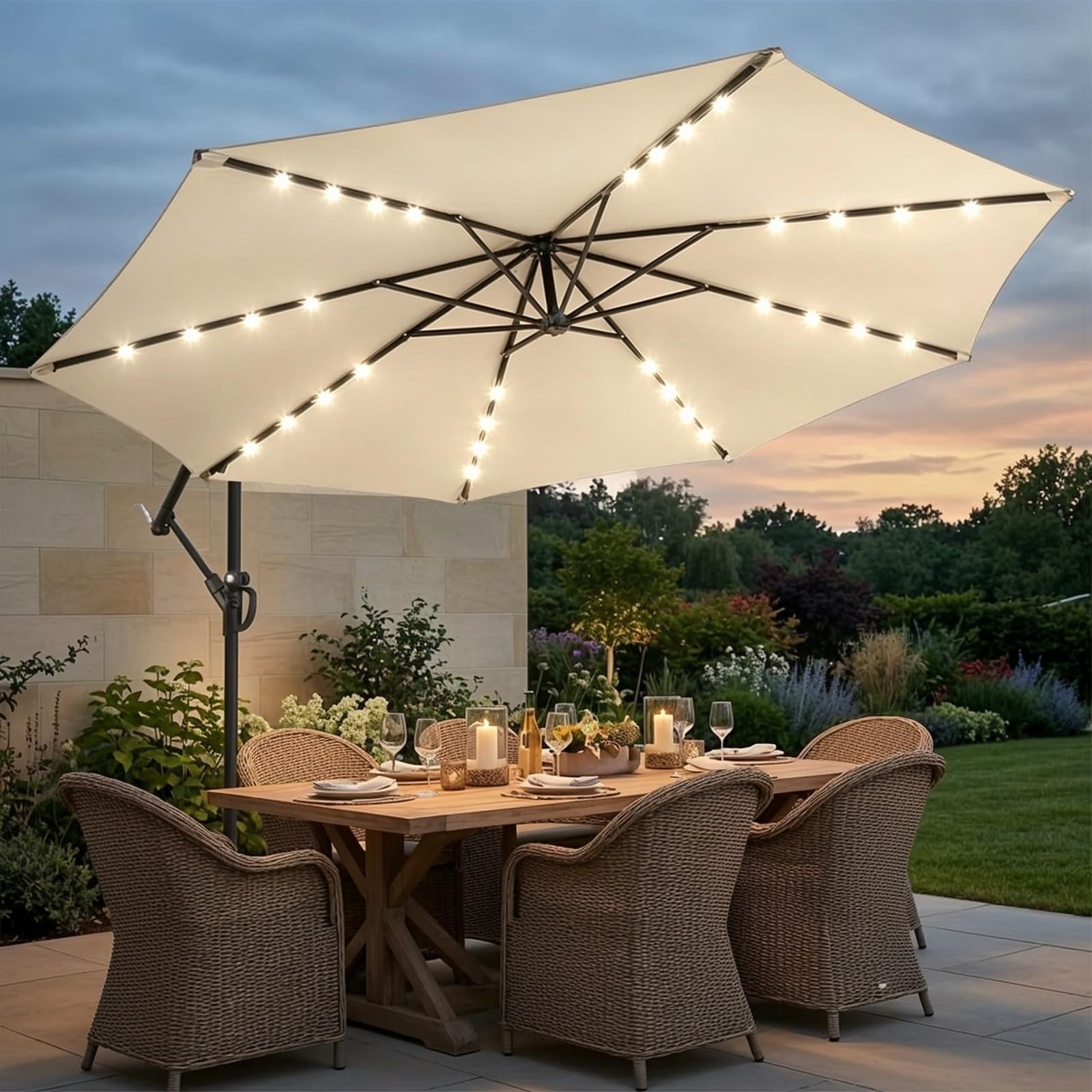 wikiwiki backyard dining setup under the umbrella for shade and glow