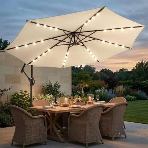 wikiwiki backyard dining setup under the umbrella for shade and glow