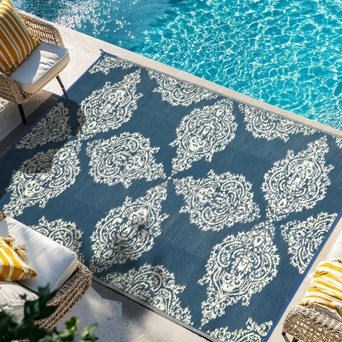 WikiWiki outdoor rug with blue beige pattern suitable for patios and beaches