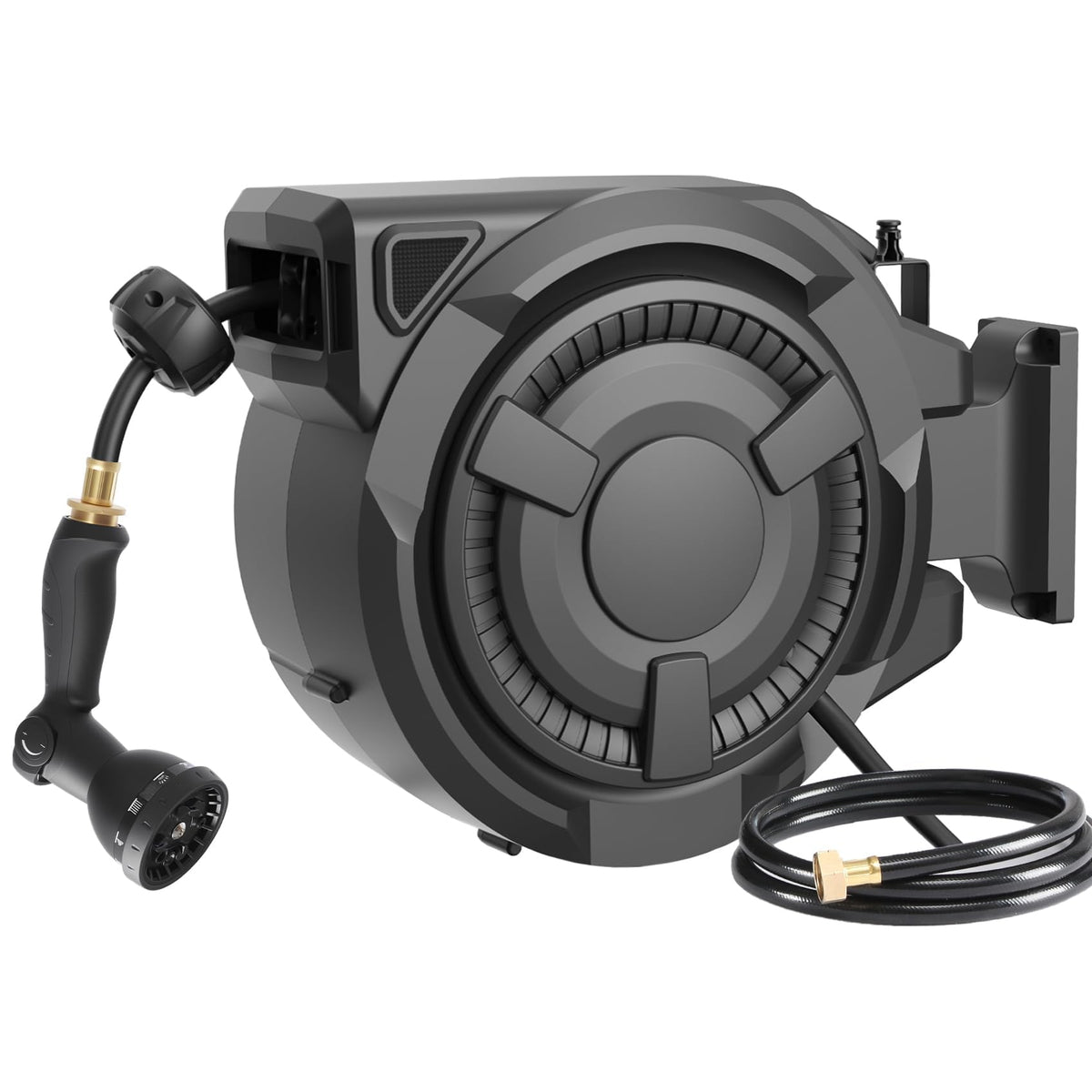 WikiWiki retractable garden hose reel 130ft neatly stores a long hose for effortless outdoor tasks.