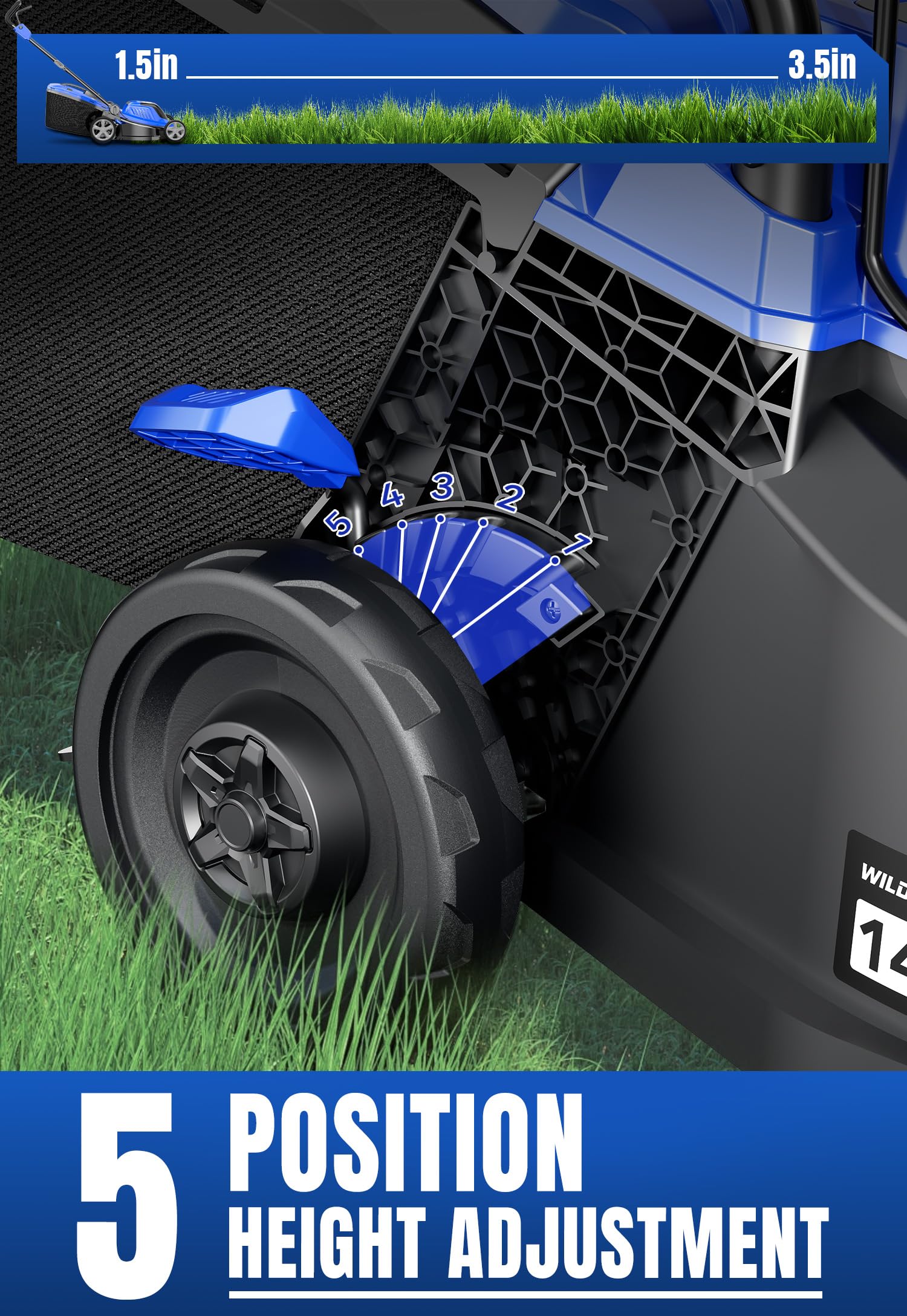 Wild Badger Power 40V 14in lawn mower bagging chute demonstrates flexible cleanup options.