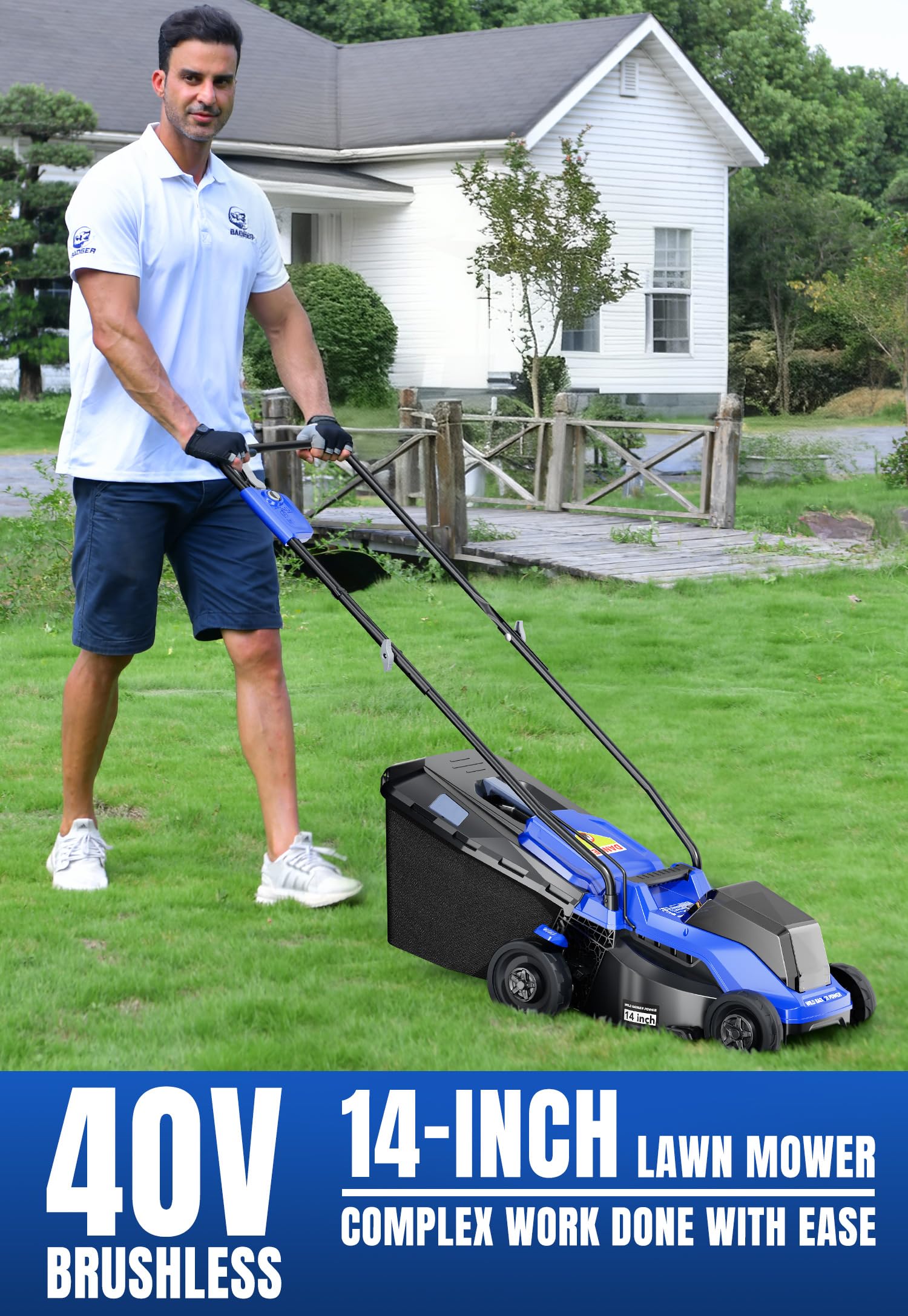 Wild Badger Power 40V 14in lawn mower deck closeup highlights 5-position height for seasonal control.