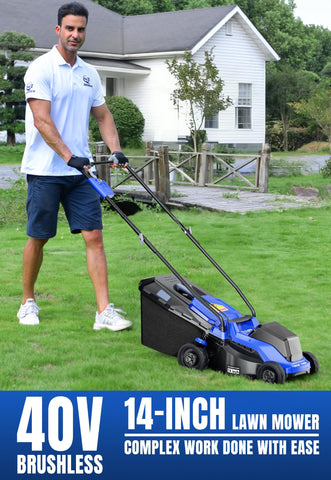Wild Badger Power 40V 14in lawn mower deck closeup highlights 5-position height for seasonal control.