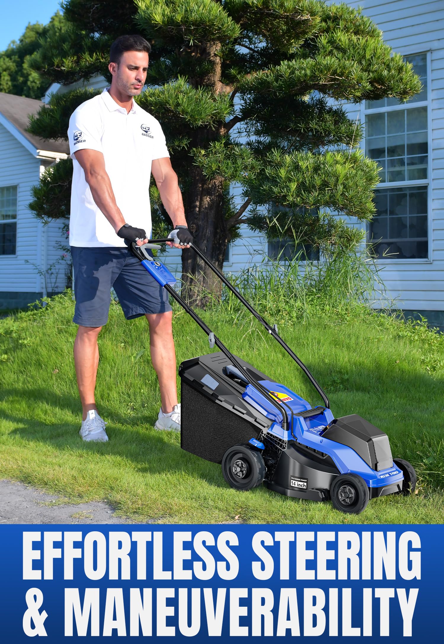 Wild Badger Power 40V 14in lawn mower in-use demonstrates easy maneuvering around obstacles.