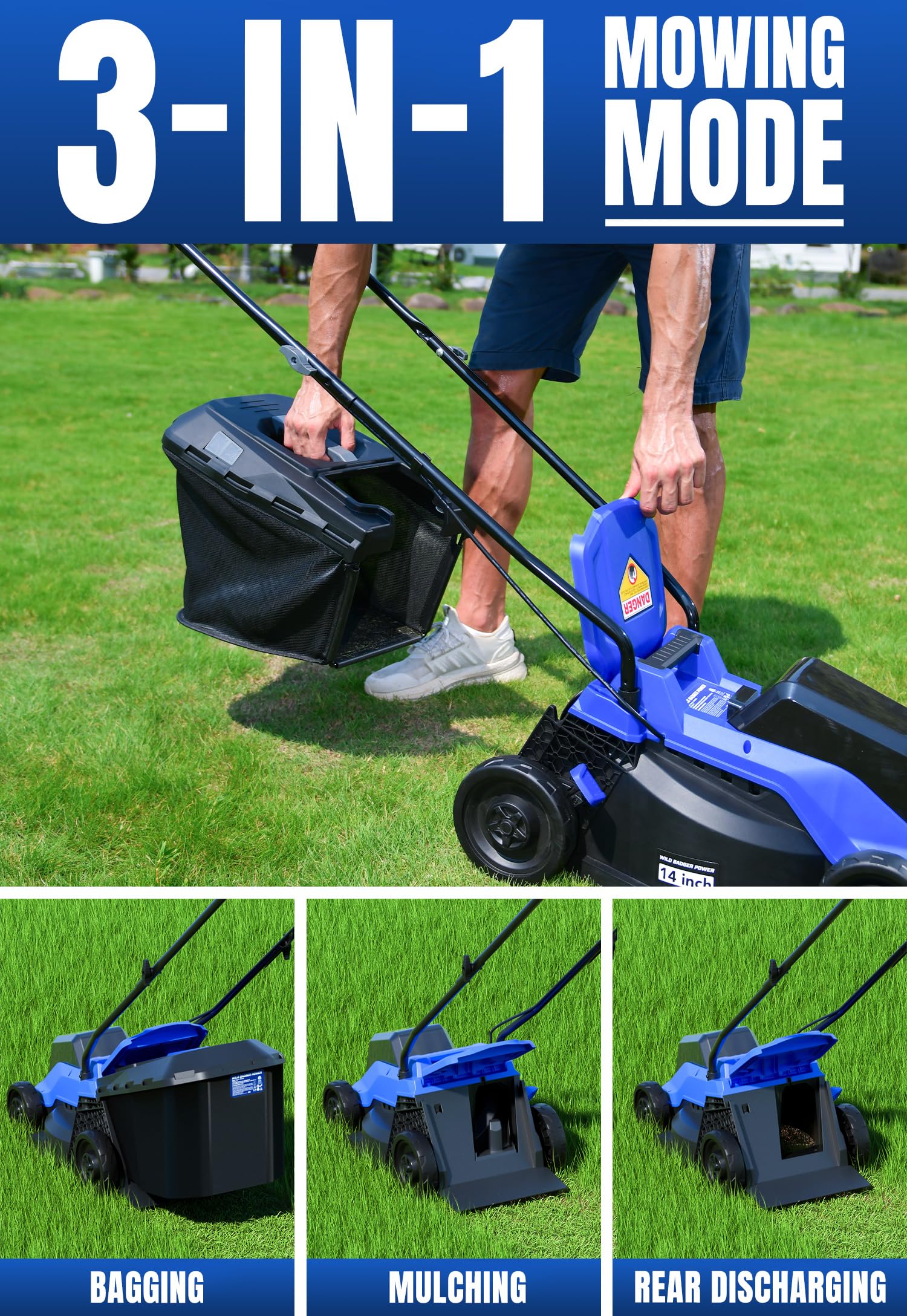 Wild Badger Power 40V 14in lawn mower side profile emphasizes portability for small yards.