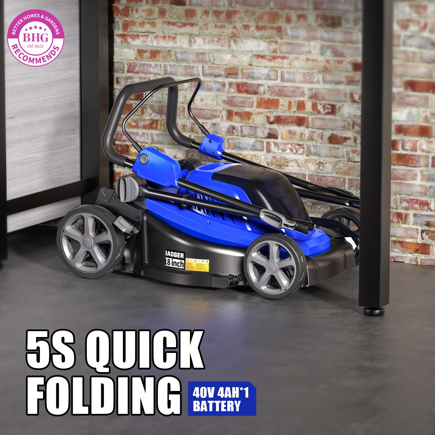 Wild Badger Power 40V 18-inch mower stored compactly beside a wall.