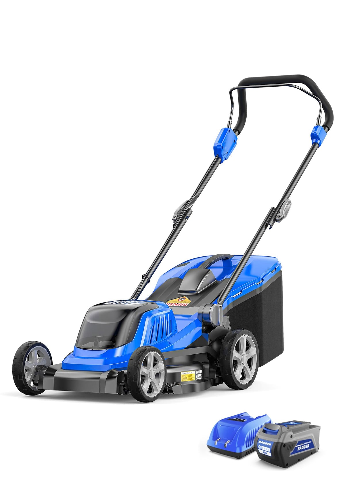 Wild Badger Power 40V 18-inch mower front view, efficient yard coverage.