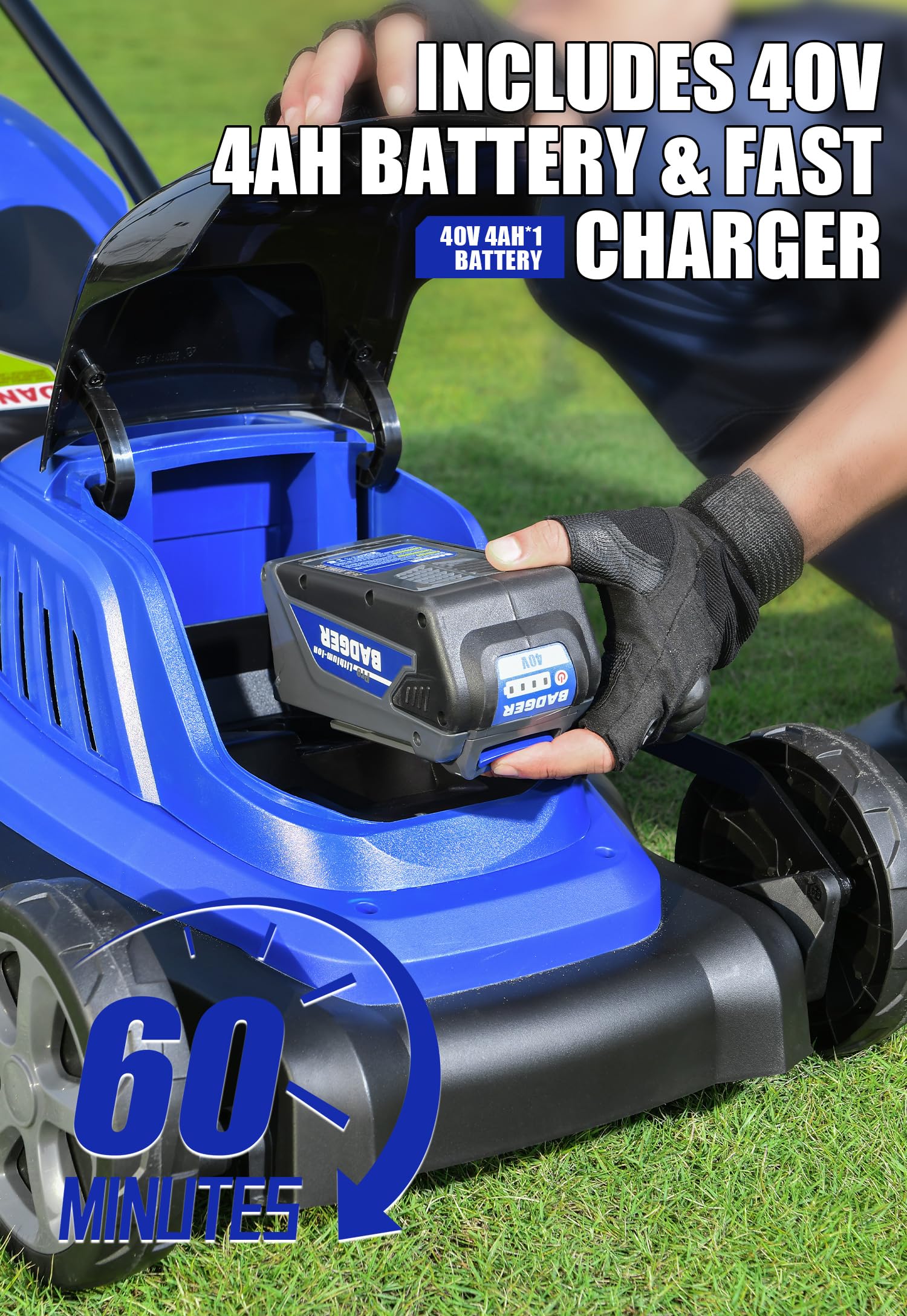 Wild Badger Power 40V 18-inch mower side profile, light to push.
