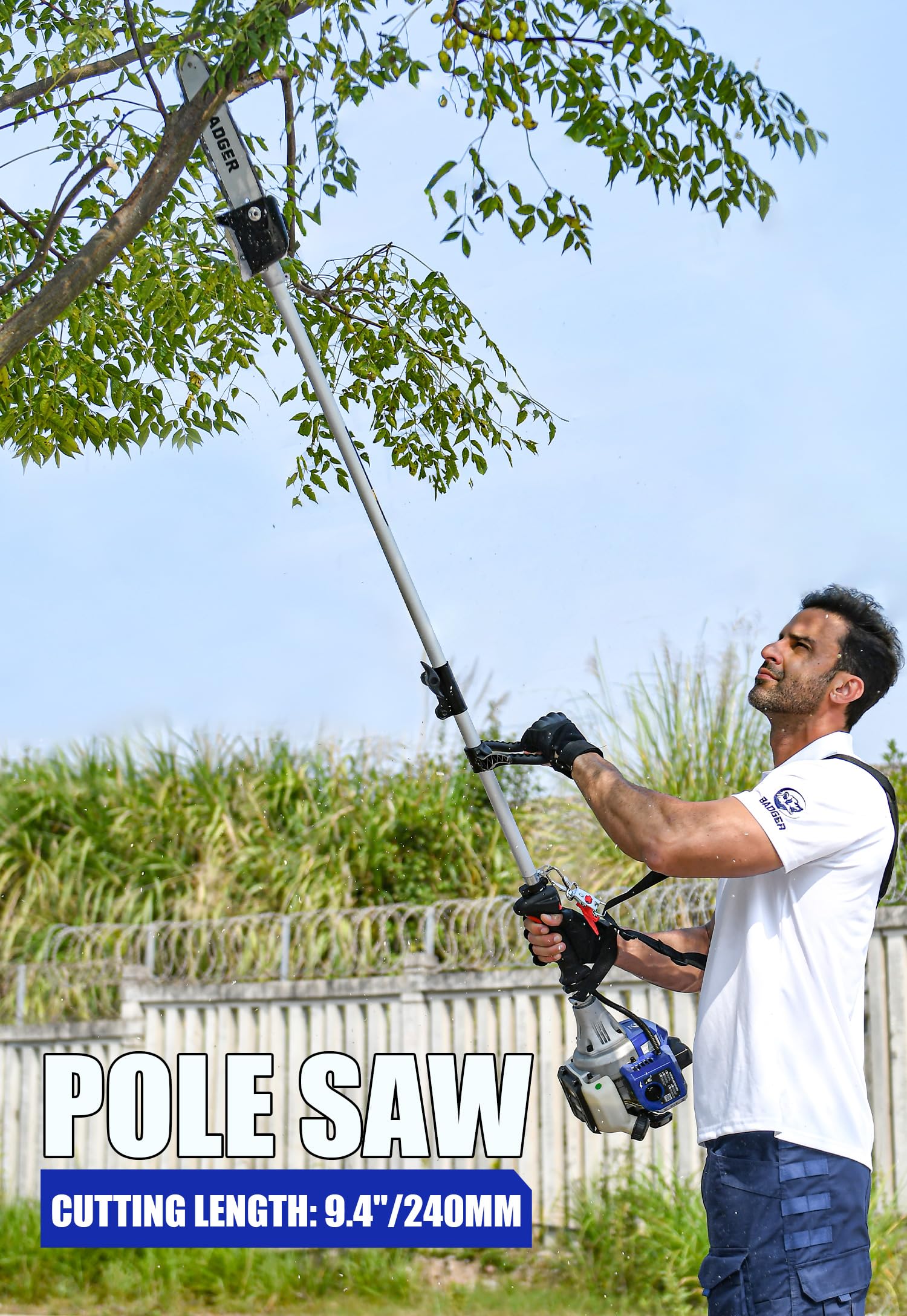 Wild Badger Power pole saw attachment ready to prune higher branches safely.